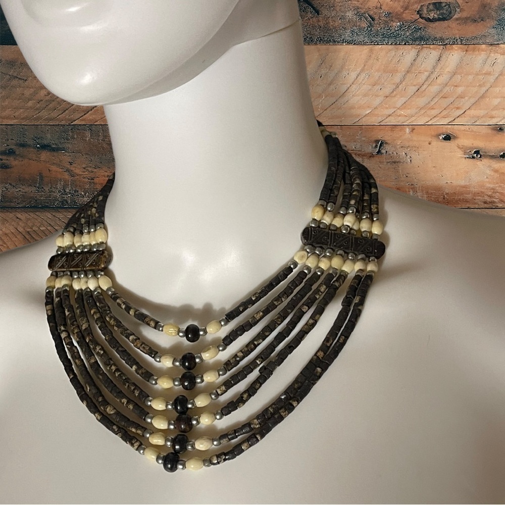 Bohemian Handcrafted Beaded Tropical Choker Necklace 17” Bone and Brown Beading